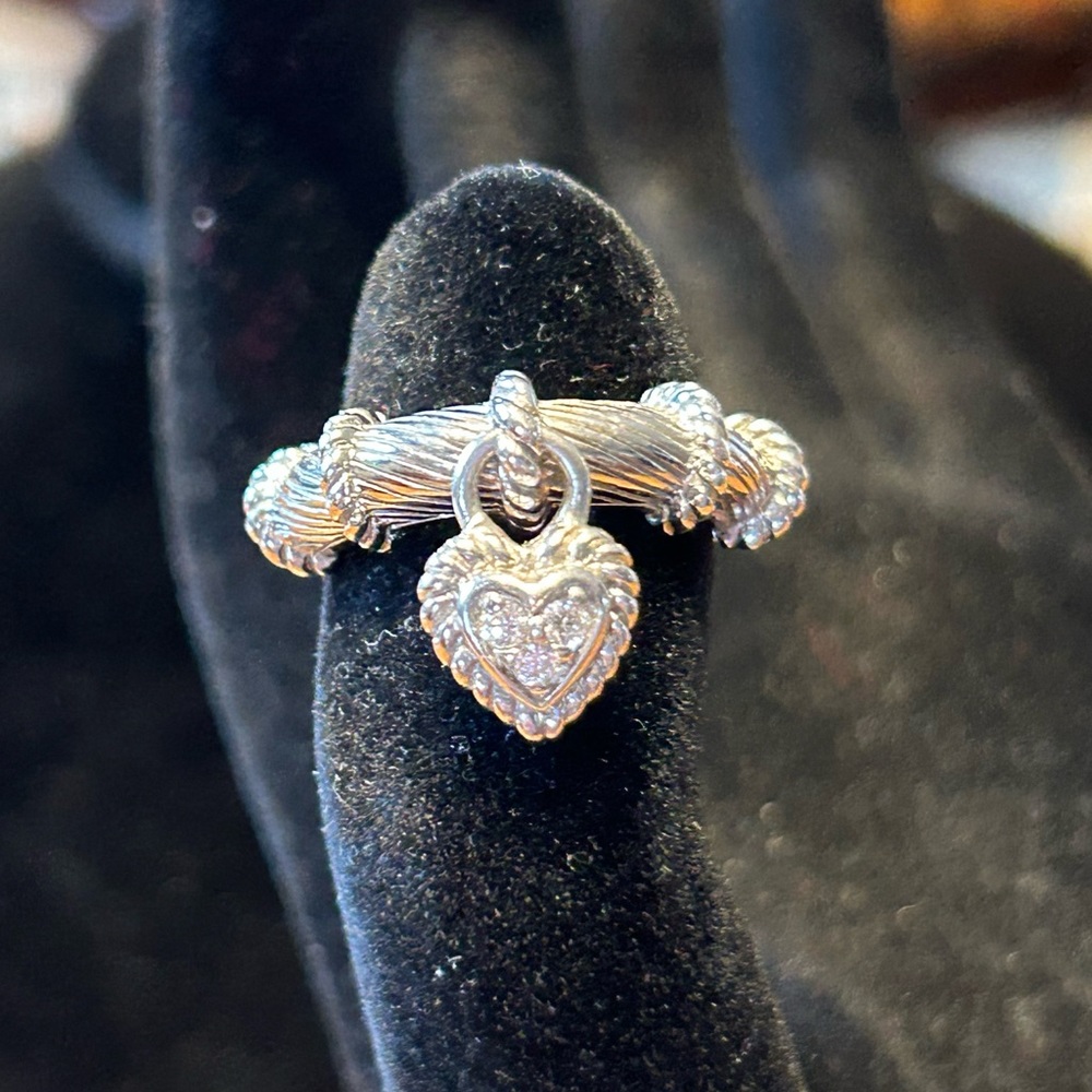 Judith Ripka Sterling silver ring with small dangling heart charm